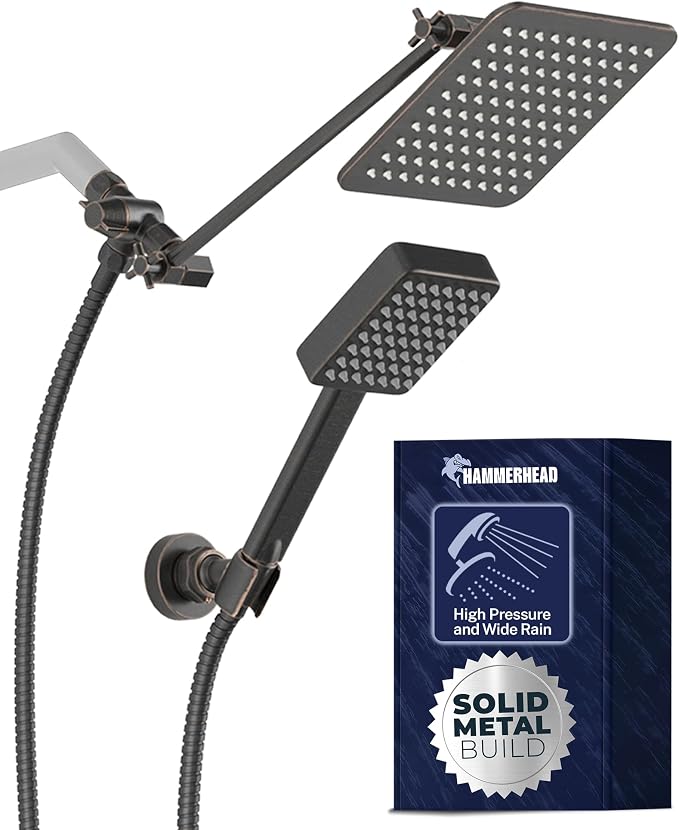 HammerHead® Solid Metal Dual Shower Head Combo — 8" Square Rain Shower Head by HammerHeadShowers