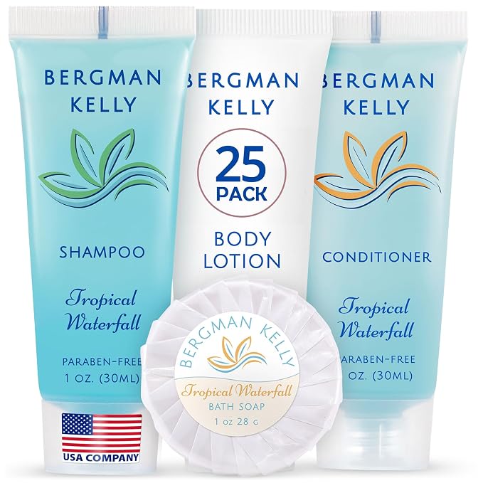 BERGMAN KELLY Hotel Toiletries Bundle 4-Piece Set: 25 Round Bar Soap, 25 Shampoo by BERGMANKELLY