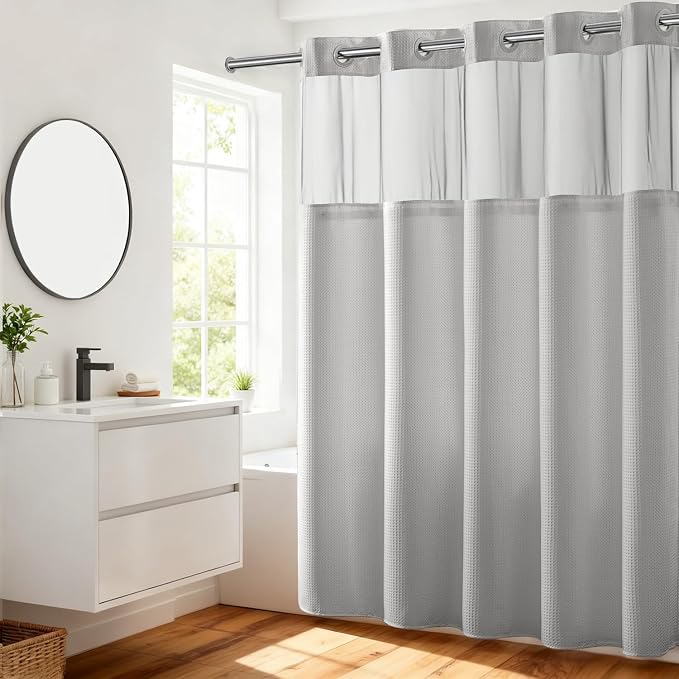 River Dream No Hooks Required Dotted Light Grey Shower Curtain by RiverDream