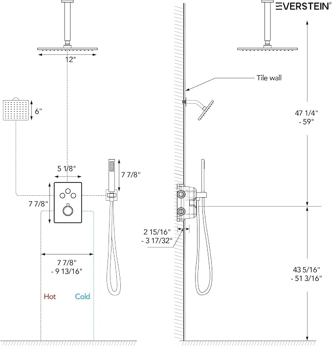 Ceiling Mount 12" High-Pressure Rainfall Shower Faucet, Dual Rainfall Shower - Image 9