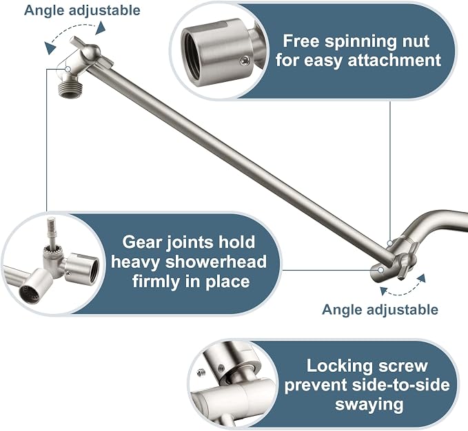 BRIGHT SHOWERS 15 Inch Extra Long Shower Head Extension Arm, Solid Brass Shower - Image 3
