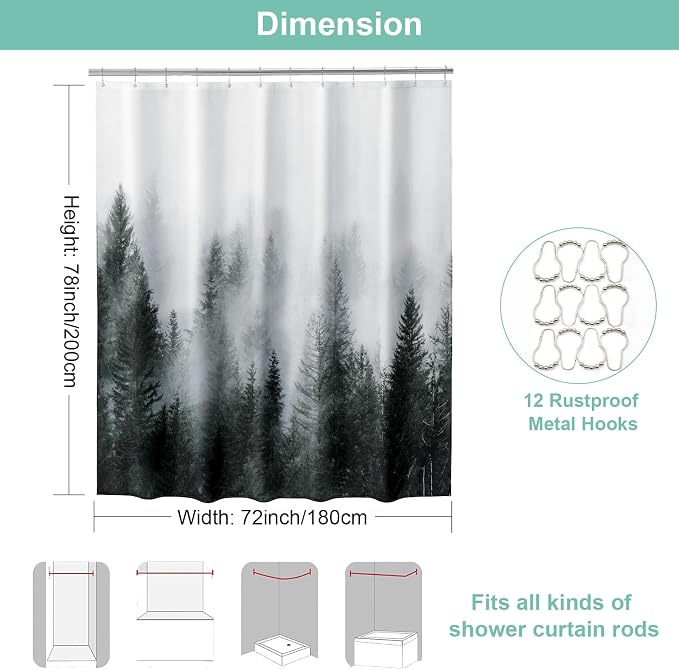 ORTIGIA 78 Inch Dark Green Misty Forest Shower Curtain - Image 2