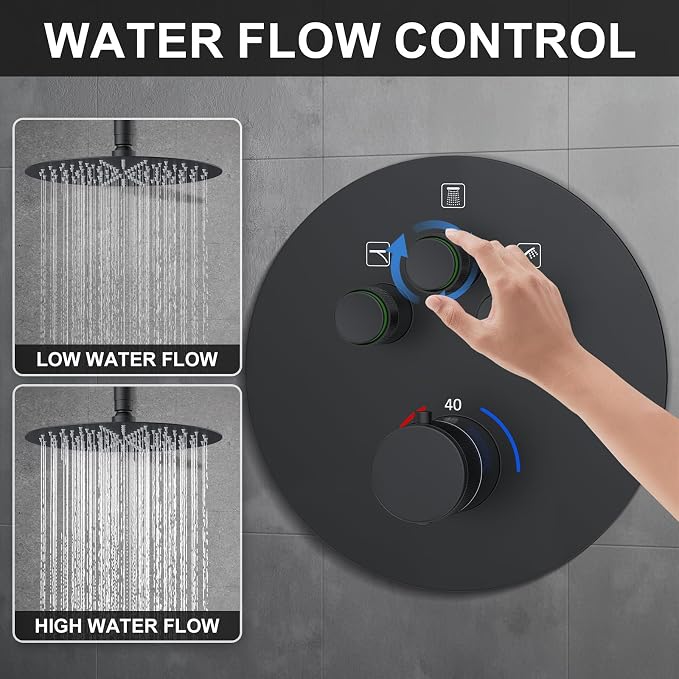 KOJOX Matte Black Thermostatic Shower System, Push Button Diverter Shower - Image 4