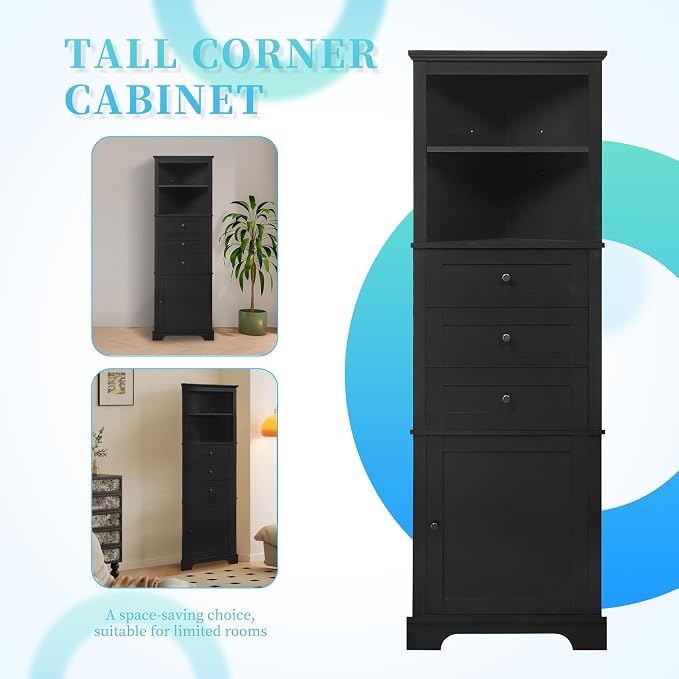 Storage Corner Cabinet with 3 Drawers and Door, Tall Line Pantry Home Space - Image 6