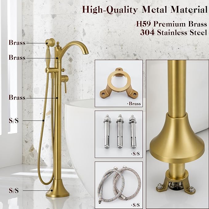 Free Standing Tub Faucet, Brushed Gold Classic Freestanding Bathtub Faucet - Image 3