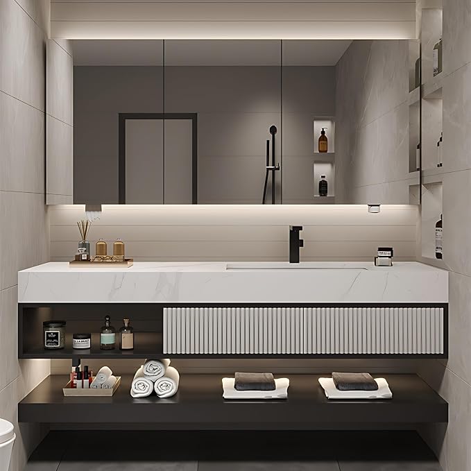 Single Sink Bathroom Vanity, Floating Solid Wood Open Shelf Vanities by LUTHXAY