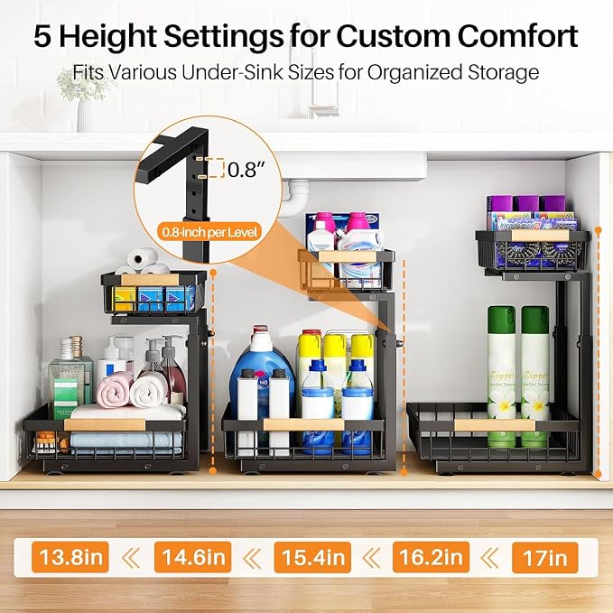 PXRACK 2 Pack Under Sink Organizer, Adjustable Height, 2 Tier Pull Out Under - Image 3