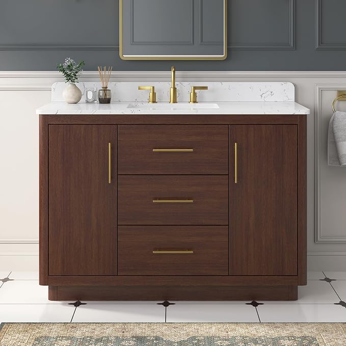 48 Inch Bathroom Vanity with Sink, Solid Wood Frame with Engineered Marble by DELUXELIVING