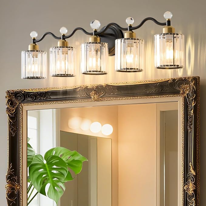 5 Light Vanity Light, Modern Black and Gold Crystal Bathroom Vanity Lighting by iYoee
