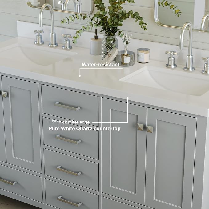 ARIEL Cambridge 61 Inch Grey Bathroom Vanity Double Sink, Solid Wood, 1.5-Inch - Image 7