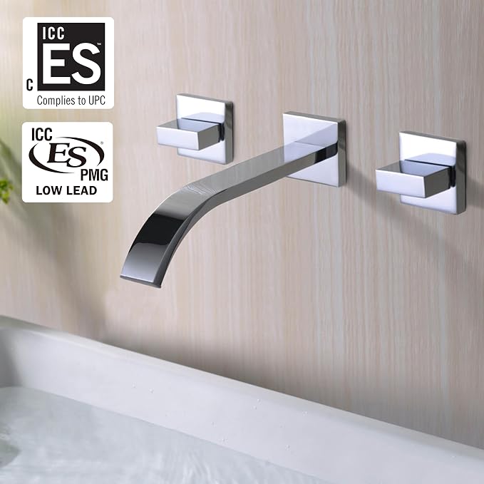 Sumerain Wall Mount Lavatory Faucet Two Handle Bathroom Faucet Brass Chrome - Image 3