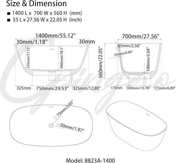 Cpingao 55" Stone Resin Solid Surface Freestanding Bathtub, Modern Elegant - Image 5