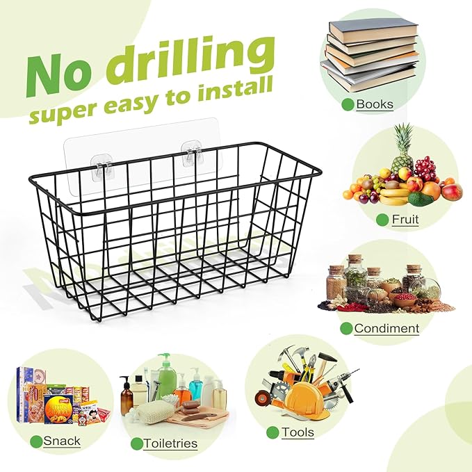 2 Pack Hanging Kitchen Baskets, Adhesive Wire Wall Storage Basket, No Drilling - Image 3