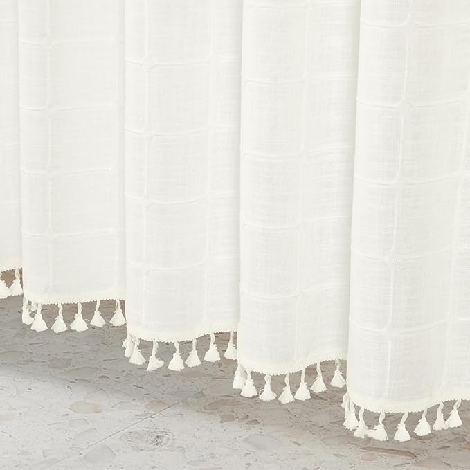 MitoVilla Modern Farmhouse Shower Curtain Set, Off White Boho Cloth Shower - Image 5