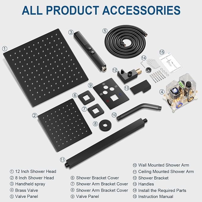 Shower Faucet Set Black Shower System, Ceiling Mount 12 Inch Shower Head - Image 7