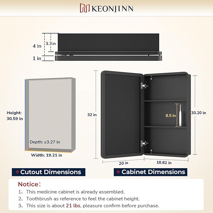 Keonjinn 20 x 32 Inch Black Mirrored Medicine Cabinet, Recessed Medicine - Image 2