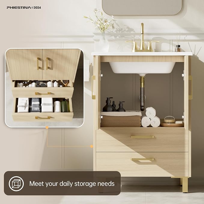 phiestina Fully Pre-Assembled 24 Inch Bathroom Vanity, Oak Small Bathroom Sink - Image 5
