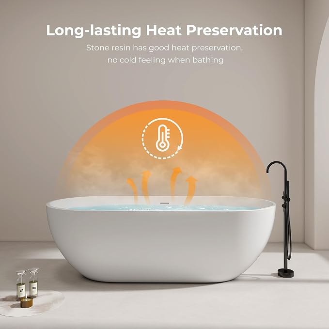 69" Premium Solid Surface Freestanding Bathtub, Oval Stone Resin Tub - Image 7
