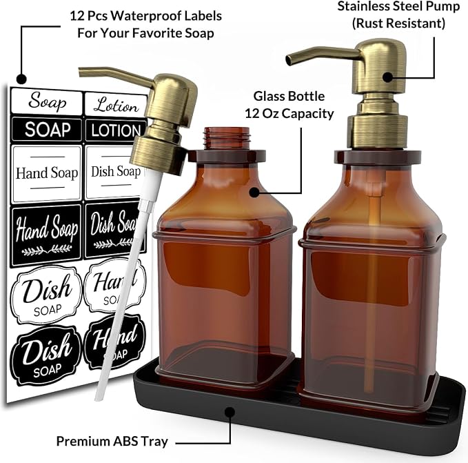 Soap Dispenser - 2 Pack, Antique Design Thick Amber Glass Hand Soap Dispensers - Image 2