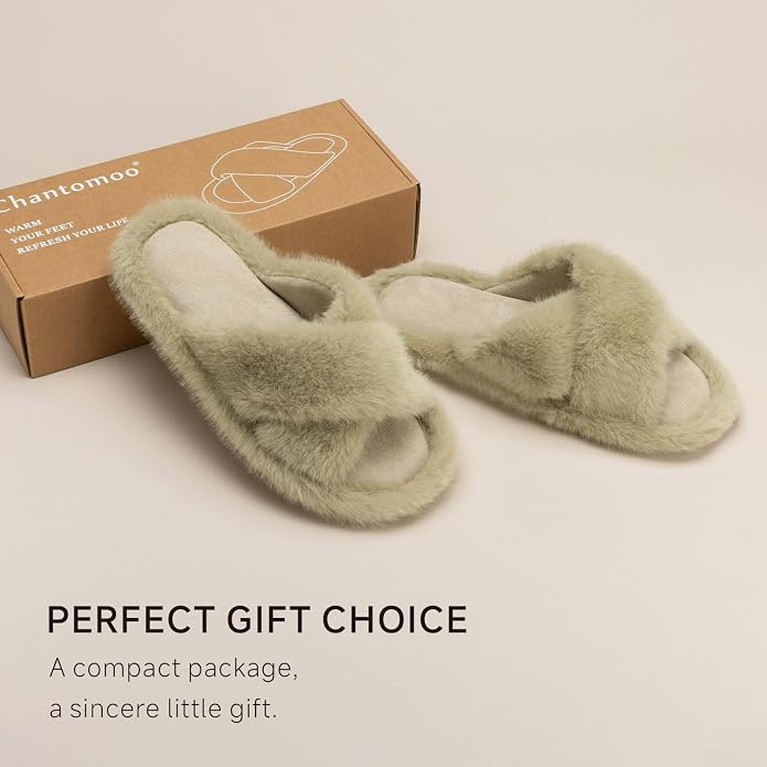 Chantomoo Womens Slippers Memory Foam Fuzzy Cross Band Faux Fur Slippers - Image 4