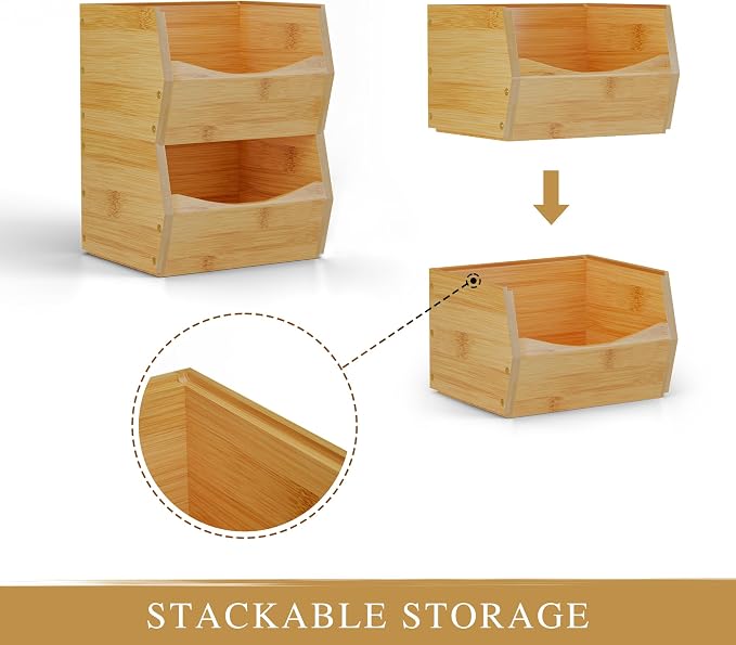 2 Set Open Front Small Stackable Storage Bins, Bamboo Stacking Storage Bins - Image 5