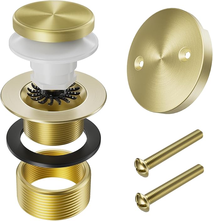 Brushed Brass Bathtub Drain Stopper and Overflow Kit, Solid Brass Tip-Toe Bath by Yaseingoo