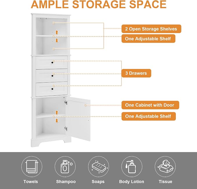 69" H Tall Corner Cabinet with Adjustable Shelves and Drawers, Storage - Image 9