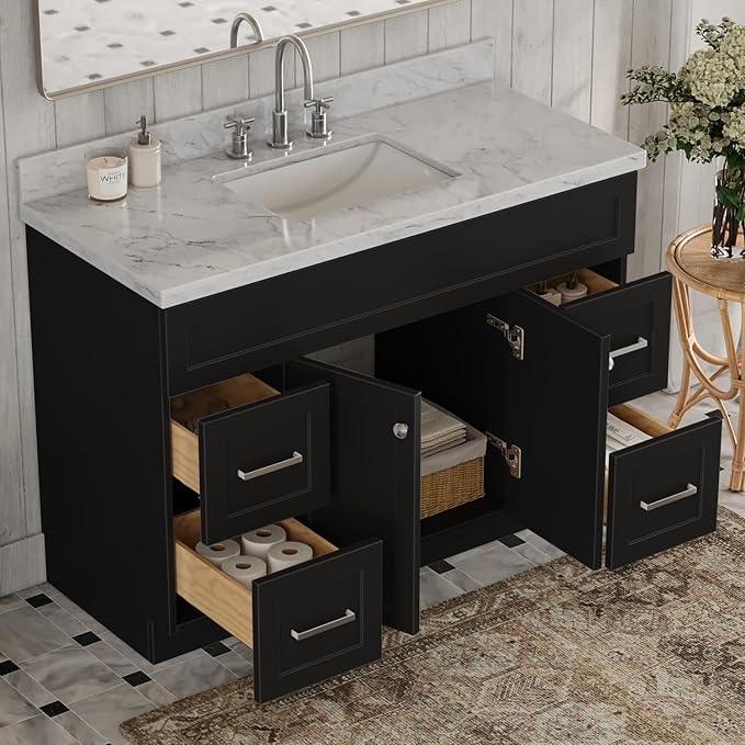 ARIEL 49" Black Bathroom Vanity, 1.5" Edge Italian Carrara Marble Countertop & - Image 3