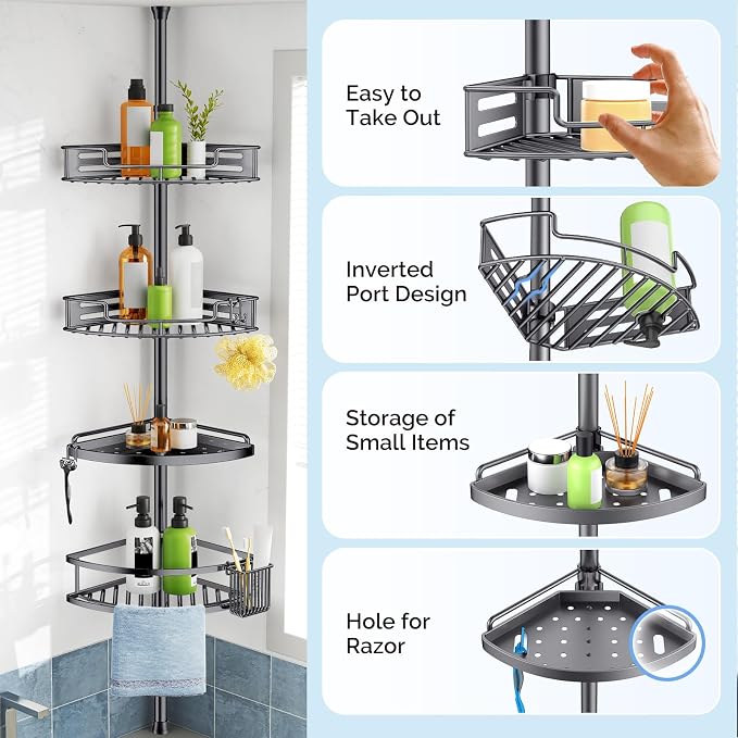 HAMITOR Corner Shower Caddy Tension Pole: Quick Installation 4-Tier Rustproof - Image 5