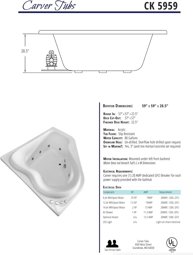 Carver Tubs - CK5959 - Modern Acrylic Fiberglass Soaking Corner Bathtub - Image 7