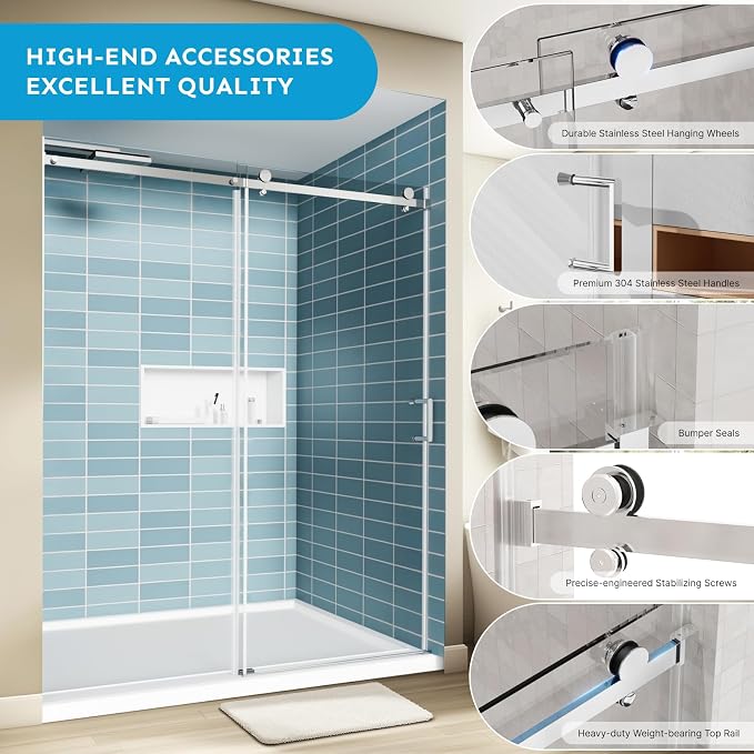 56-60"Wx72"H Frameless Reversible Single Sliding Shower Door, 1/4" Clear SGCC - Image 6