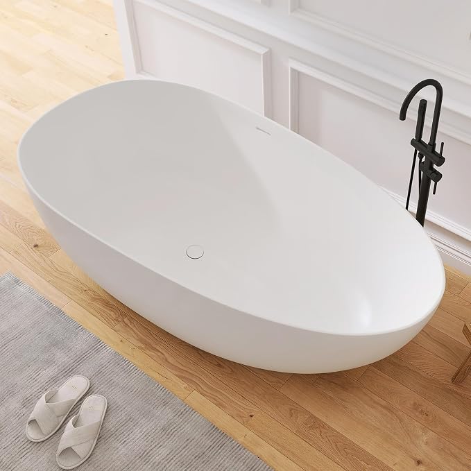 59" Stone Resin Freestanding Bathtub, Oval Solid Surface Bathroom Freestanding - Image 9