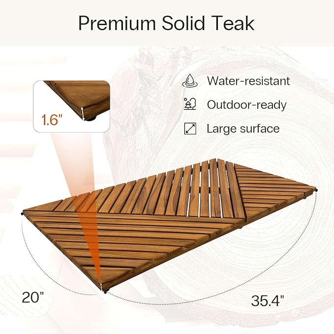 StrongTek Large Teak Bath Mat for Bathroom, 35.4" x 20" Solid Wood Shower Mat - Image 2