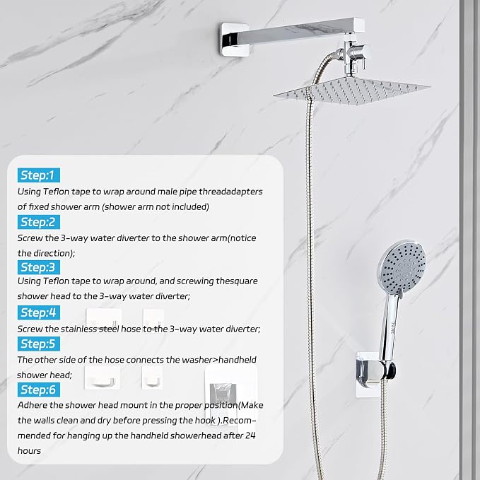 Shower Head 8'' High Pressure Rainfall, Handheld Shower Combo - Image 6