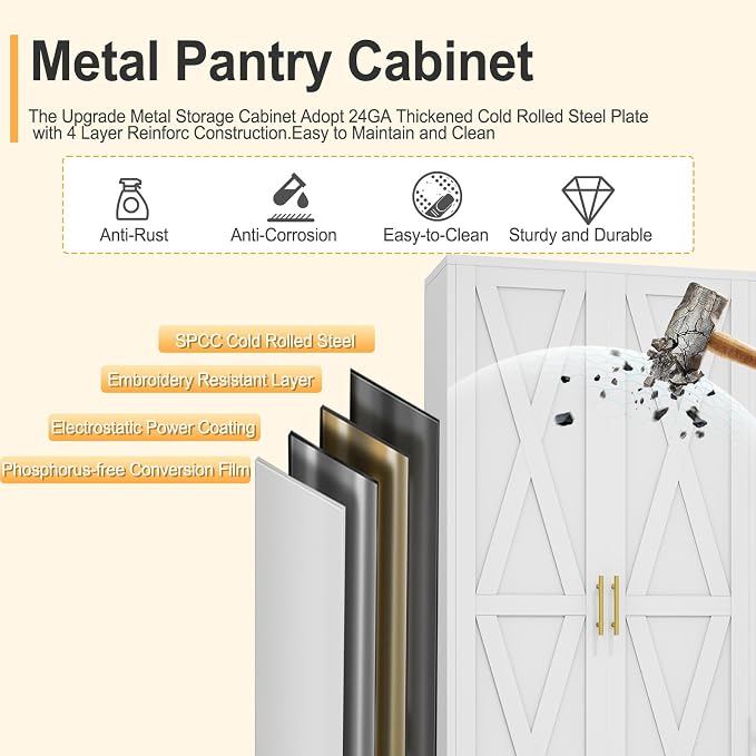 61" H Metal Kitchen Pantry Storage Cabinet, Freestanding Cupboard - Image 5