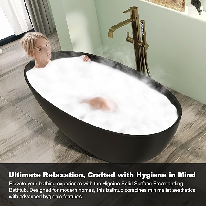 65" Premium Matte Black Solid Surface Freestanding Bath Tub, Oval Stone Resin - Image 6