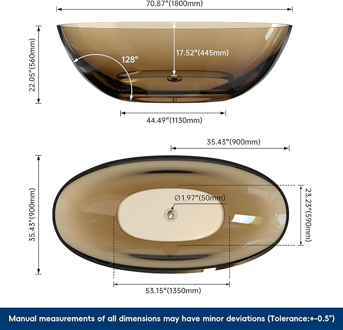 Stone Resin Freestanding Bathtub 71", Elegant Oval Shape Soaking Tub, Solid - Image 5