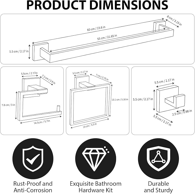 YACVCL 5-Piece Bathroom Hardware Accessories Set 23.6 inch Towel Bar Set Modern - Image 6