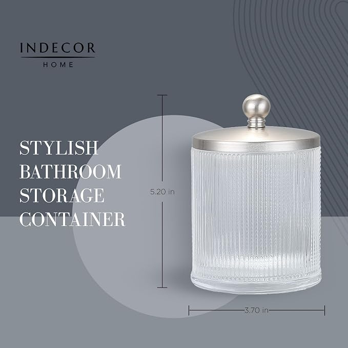Clear Transparent Apothecary Ribbed Geometric Etched Glass Jar W/Satin Nickel - Image 2