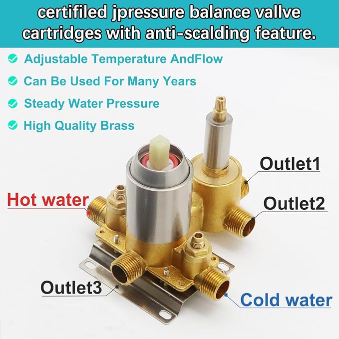 Wall Mount Brushed Nickel Pressure Balancing Shower Diverter Mixing Valve 3 Way - Image 3