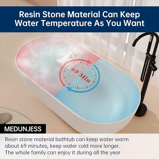 59'' Stone Resin Freestanding Bathtub, Bathroom Solid Surface Tub Bathtubs - Image 7