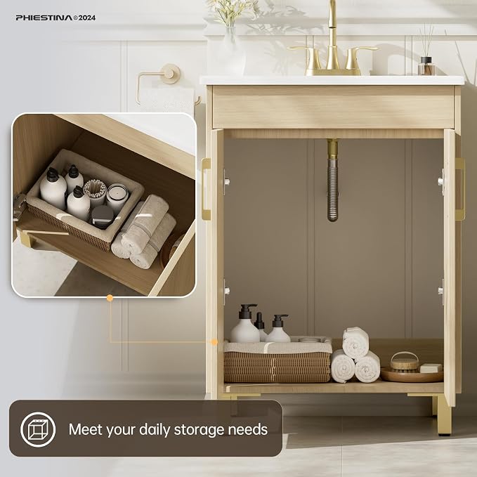 phiestina 24 Inch Fully Pre-Assembled Oak Bathroom Vanity, Bathroom Vanity - Image 5