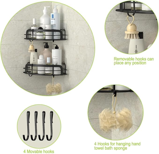 STEUGO Black Bathroom Corner Shower Shelfs, Adhesive Wall Mounted Shower Caddy - Image 5