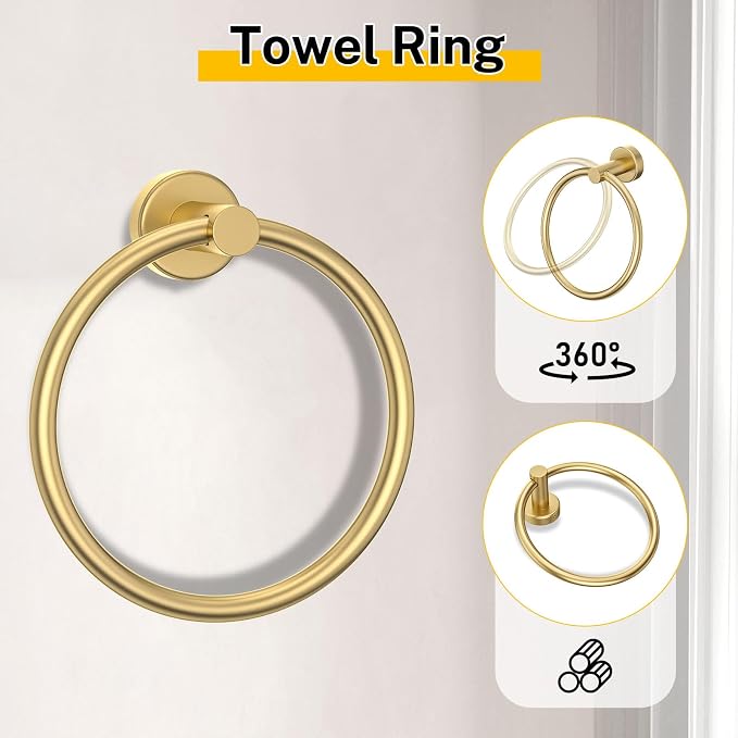 Brushed Gold Bathroom Hardware Set 5 Pieces Towel Bar Set Round Towel Holder Set - Image 4