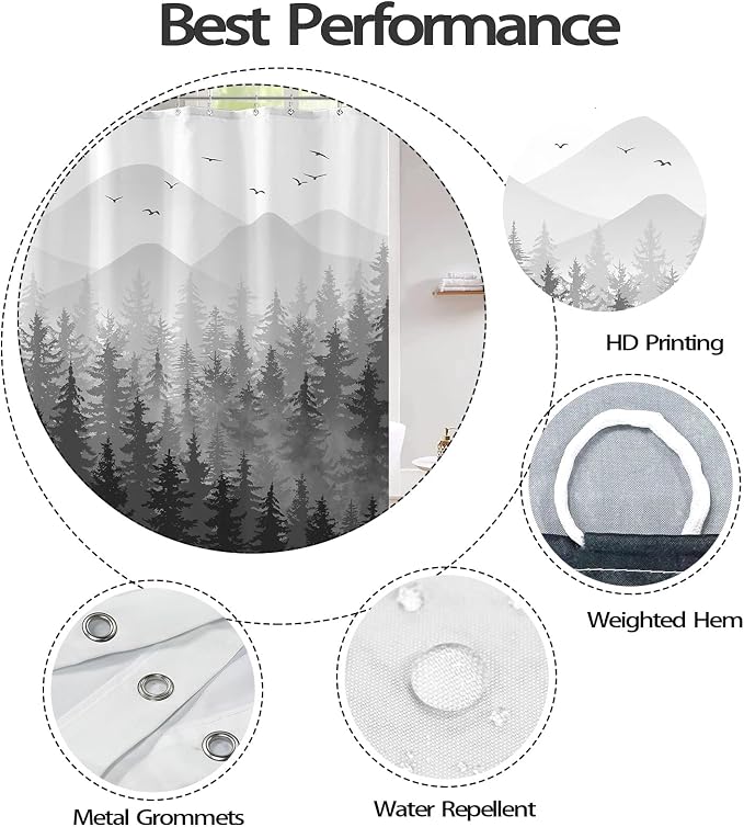 Aipon Black Misty Forest Shower Curtain Gray Ombre Nature Tree Plants Shower - Image 6