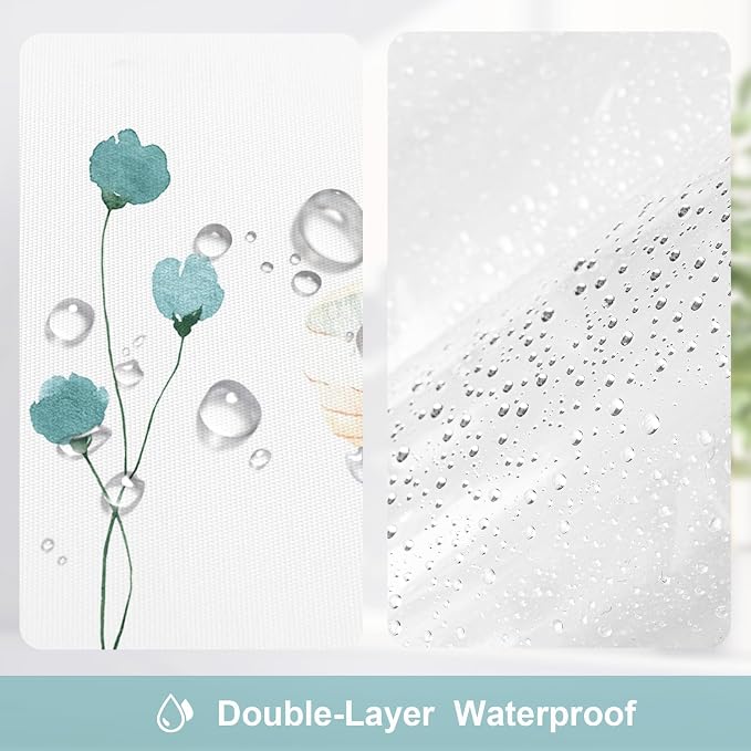 Gibelle 3 in 1 Shower Curtain Set, Teal Watercolor Floral Bath Curtain and PEVA - Image 4
