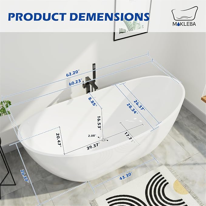 62" Lucite Acrylic Freestanding Bathtub, Double Slipper Shape Contemporary - Image 3