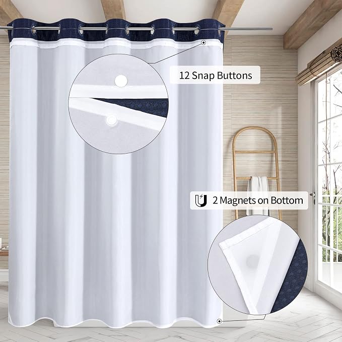 MitoVilla Navy Blue Waffle Long Shower Curtain Liner Set 72 x 80, No Hooks - Image 2