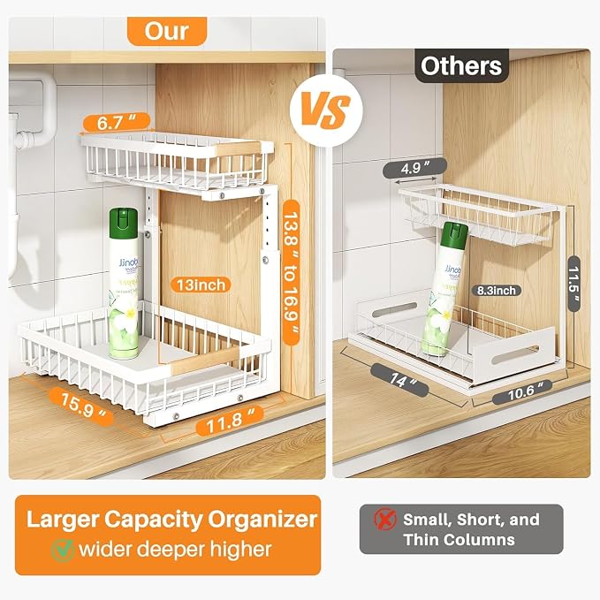 PXRACK 1 Pack Under Sink Organizer, Adjustable Height, 2 Tier Pull Out Under - Image 2