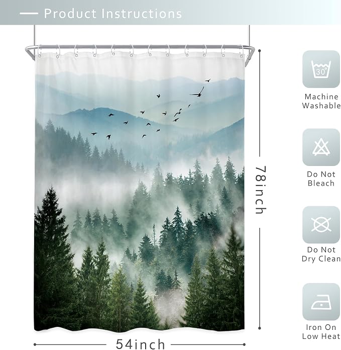 Riyidecor Green Shower Curtain 54Wx78H Inch Long Rustic Mountain Scenery Pine - Image 3